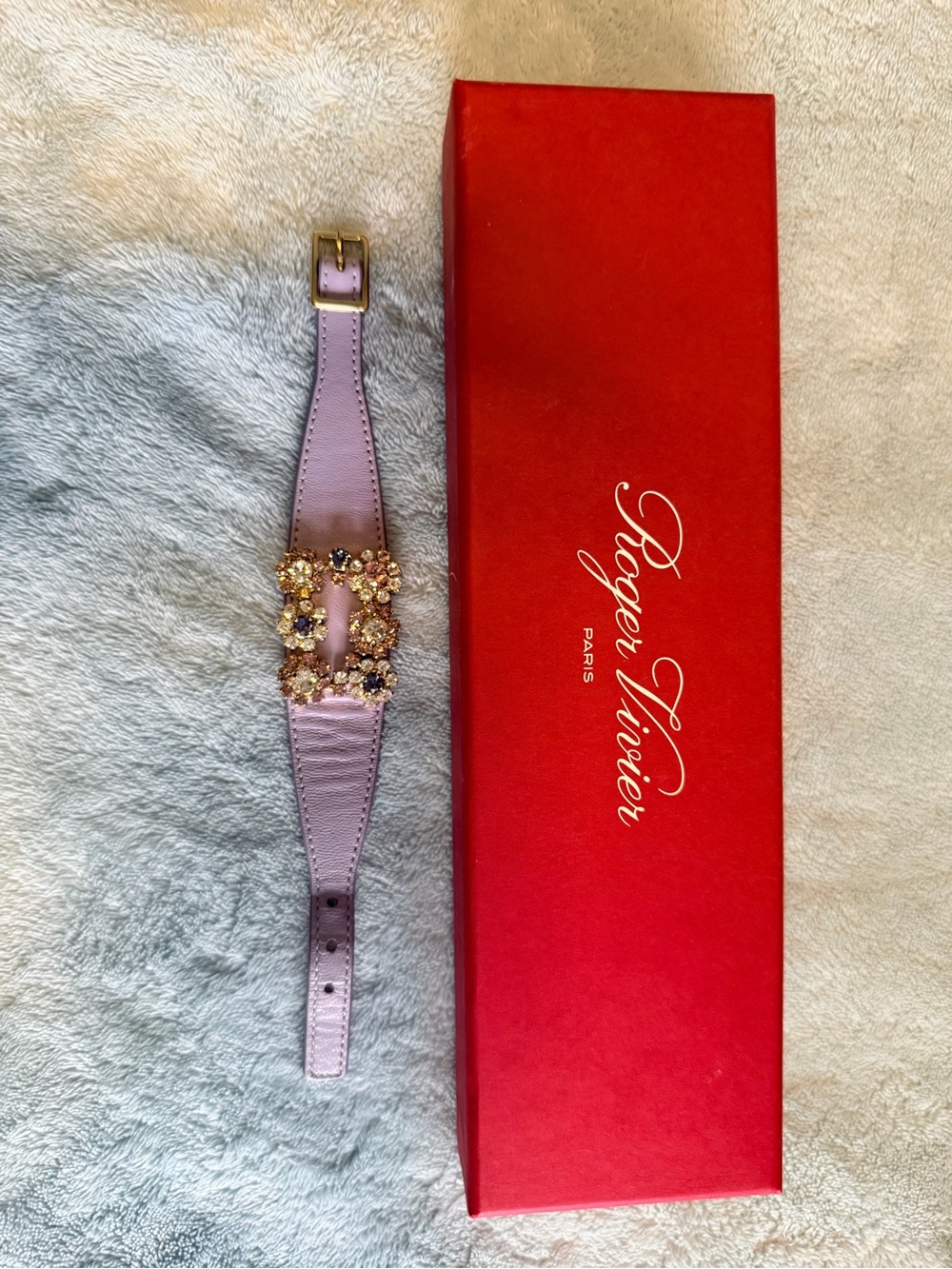 Roger Vivier Lilac Leather Bracelet with Gold Crystal Buckle